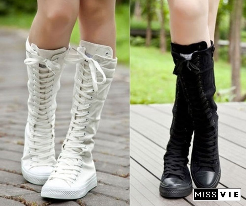 Womens Knee High Boots Flat Ankle Snow Dance Lace Up Canvas Long Boots Plus Size Color Black White Boots