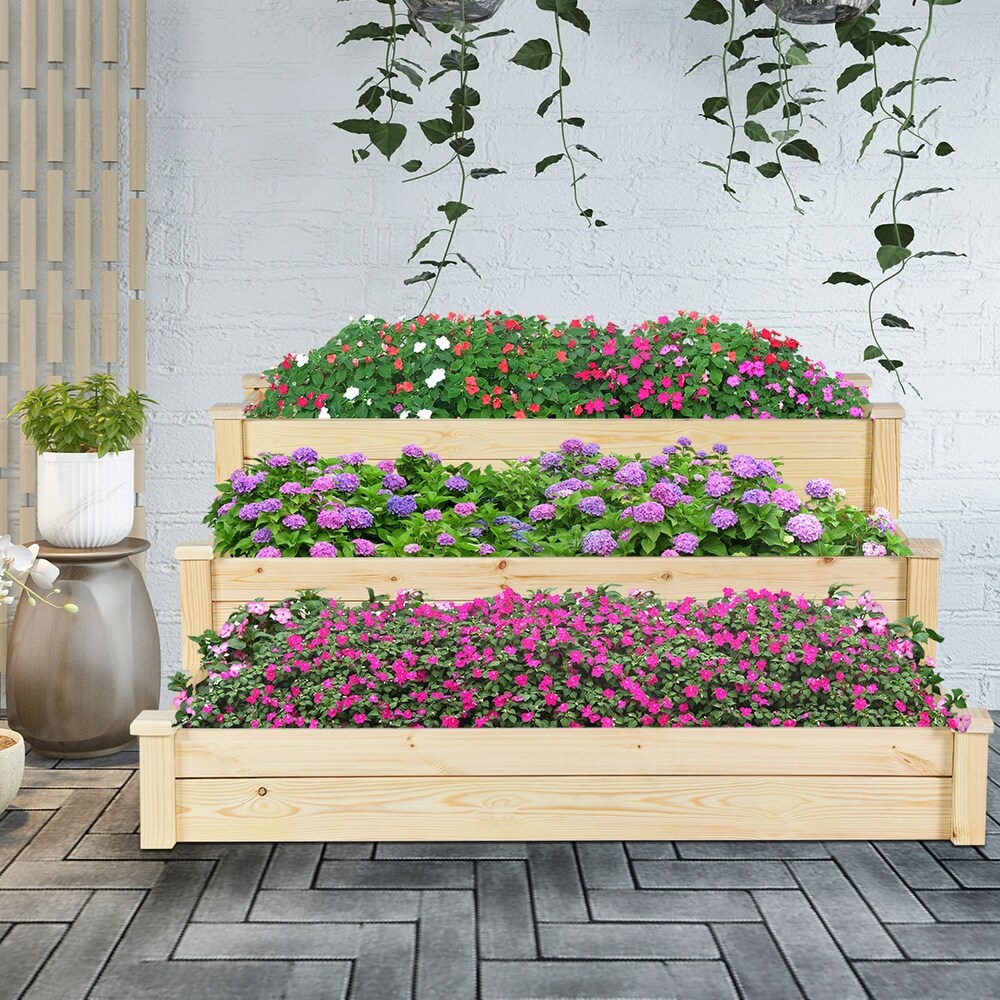 3 Tier Wooden Raised Bed Garden Planting Box Growing Flower Vegetables