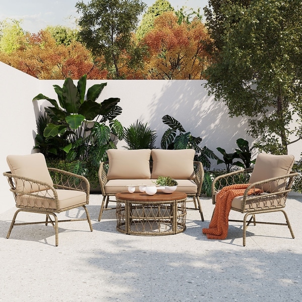 4Piece Wicker Patio Conversation Set with Beige Cushions，With Wood Tabletop