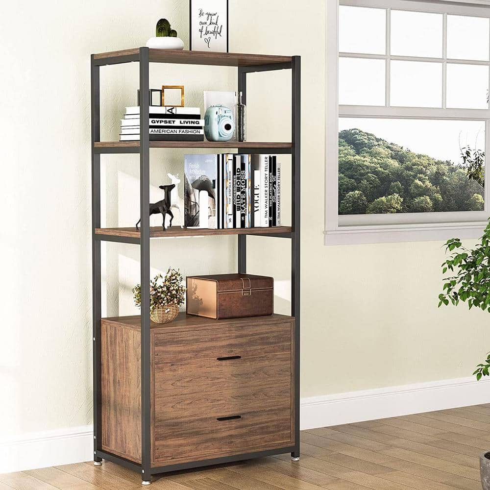 TRIBESIGNS WAY TO ORIGIN Bulgari 59 in. Rustic Brown Wood 4-Shelf Etagere Bookcase with 2-Drawers HD-F1098