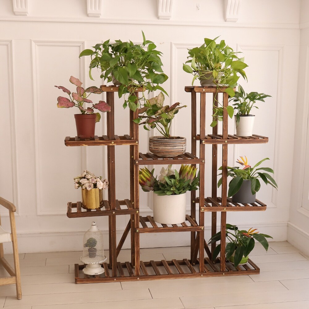 Large 11 Tiered Wood Plant Stand Carbonized Pot Shelf Holder