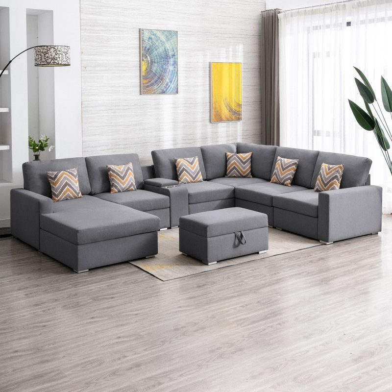 Nolan Linen 8 Piece Reversible Chaise Sectional Ottoman Storage Console   Contemporary   Sectional Sofas   by Lilola Home  Houzz