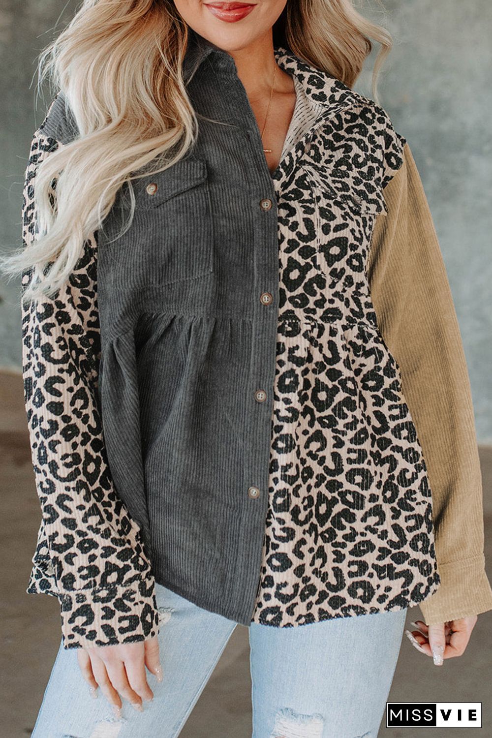 Leopard Colorblock Corduroy Shirt Jacket