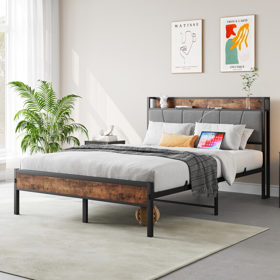 Full Size Bed Frame  Storage Headboard with Chargi...