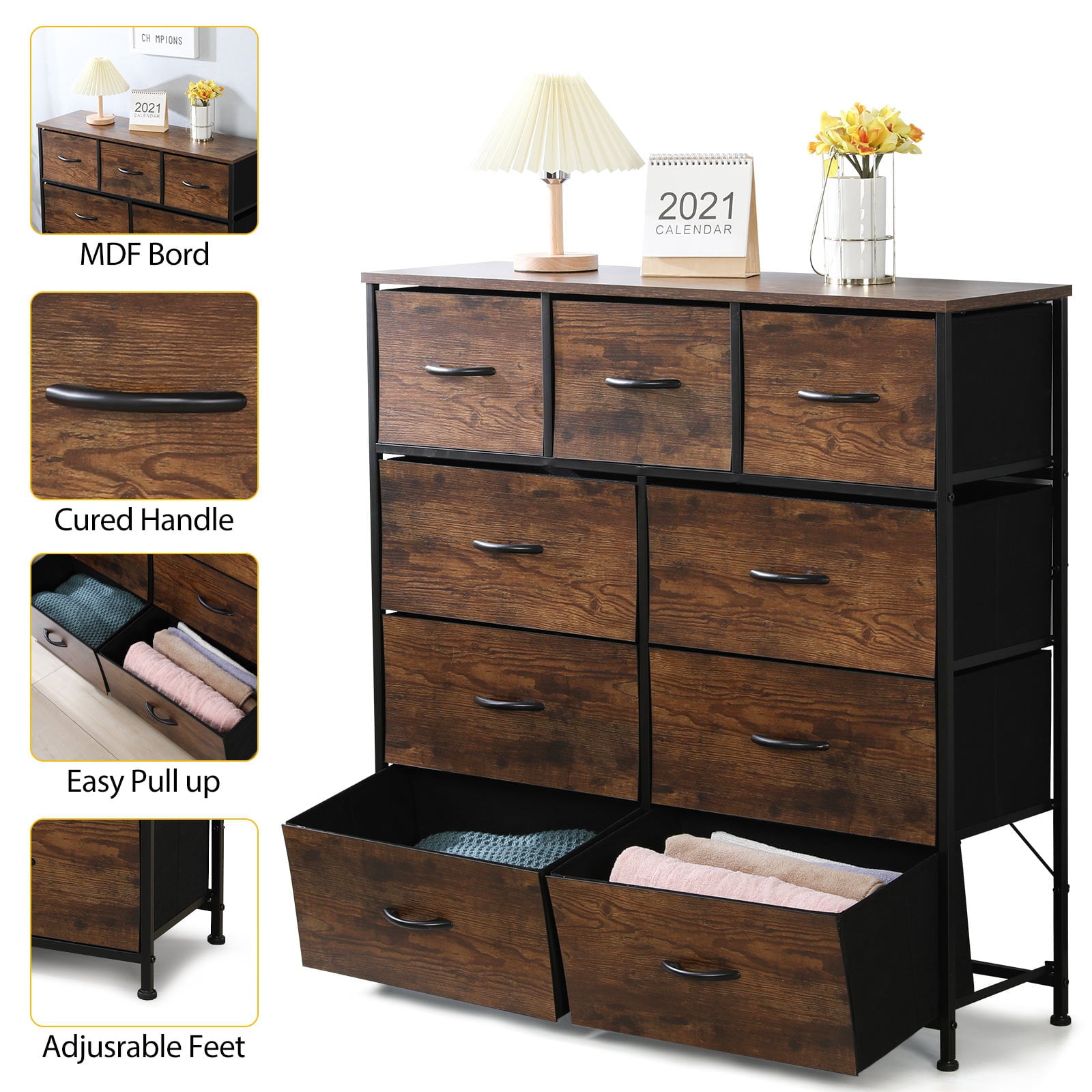 AVAWING Drawer Dresser, Closet Storage Dresser with 9 Wooden Panel Drawers, Industrial Wide Drawers with Metal Frame, Wooden Top and Front for Bedroom, Hallway, Entryway (Rustic Brown and Black)