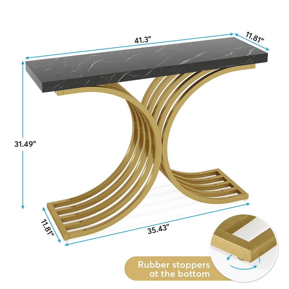 X Base Gold Console Table  Narrow Sofa Accent Table with Marble Top for entrance  Hallway   43'' L x 11.8'' D x 32”H