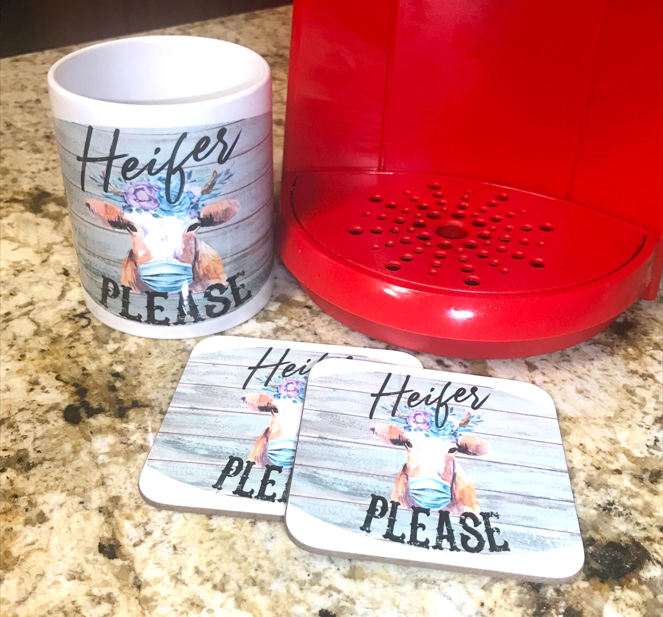 Sweetpolly's Creations Farmhouse Animal Witty Decorative Mug and Coaster Set Handcrafted Drinkware - Heifer Please