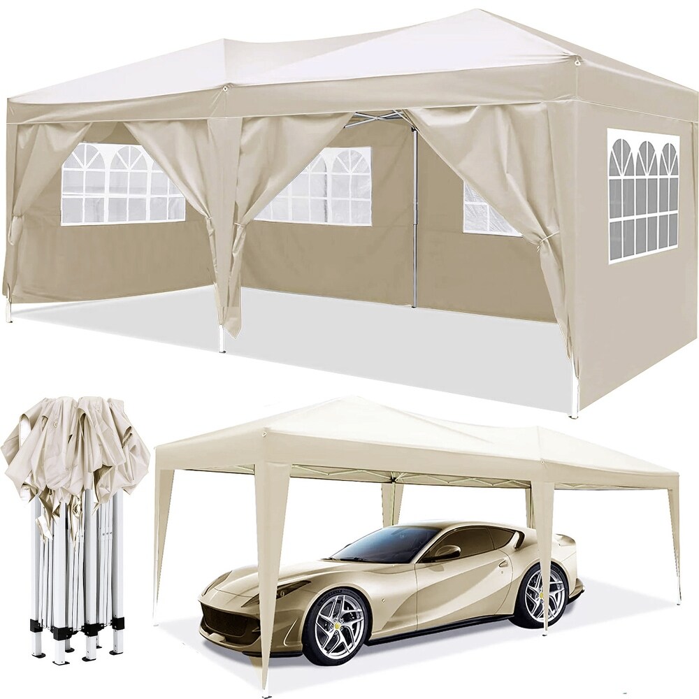 Beige Multi Functional 10 x 20 ft Pop Up Canopy Tent with Waterproof Oxford  6 Walls  Windows   Doors  Carry Bag  Weight Bags