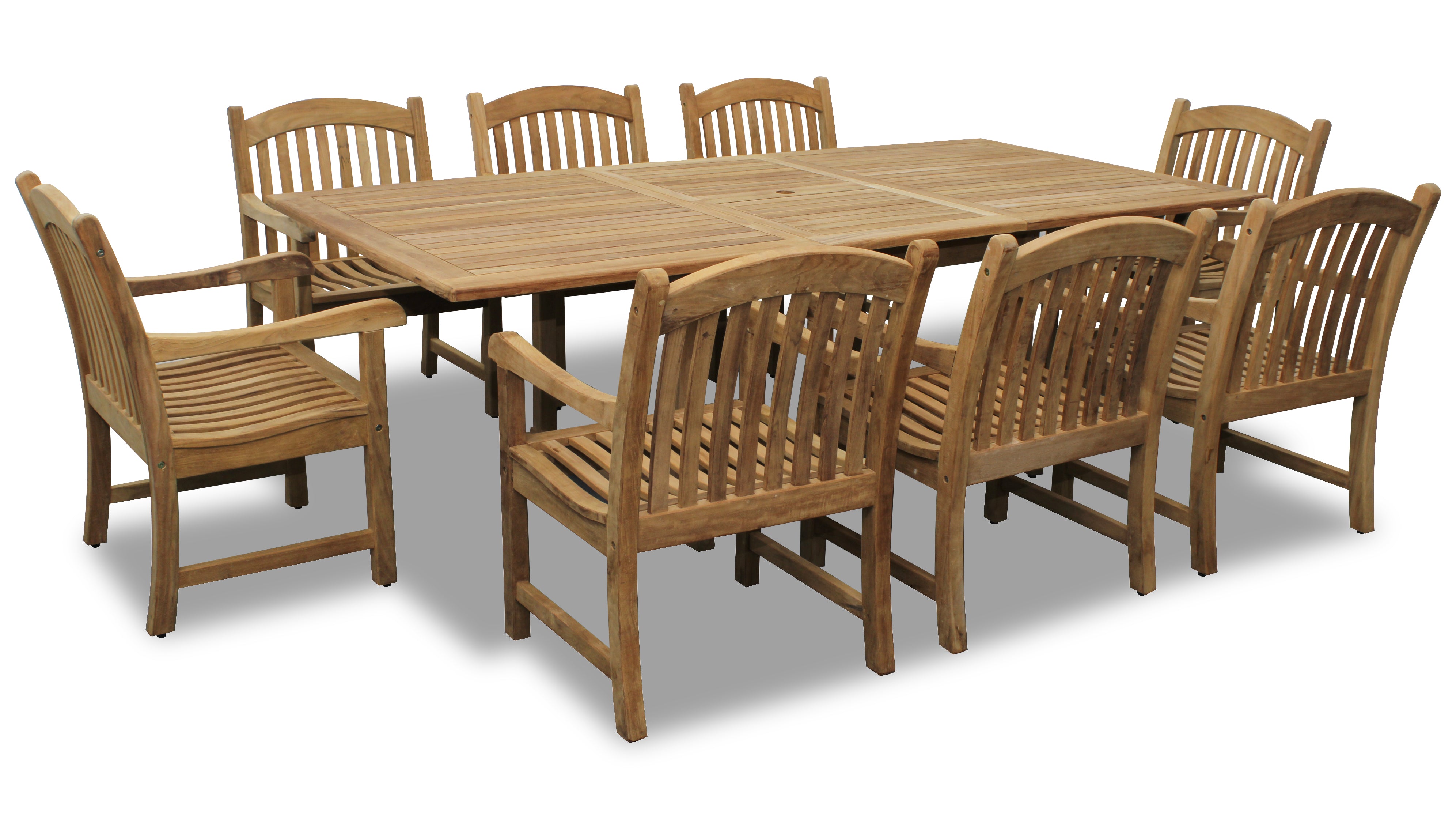 Bali Teak 7pc Outdoor Dining Set (Teak Rectangular Extendable Table 70-94 with 6 Teak Tista Armchairs +FREE Cushions)