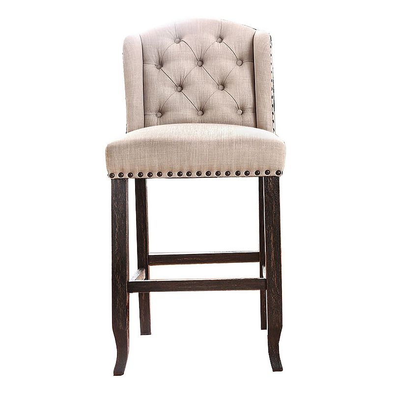 Button Tufted Fabric Upholstered Wooden Bar Chair， Beige and Black， Set of Two