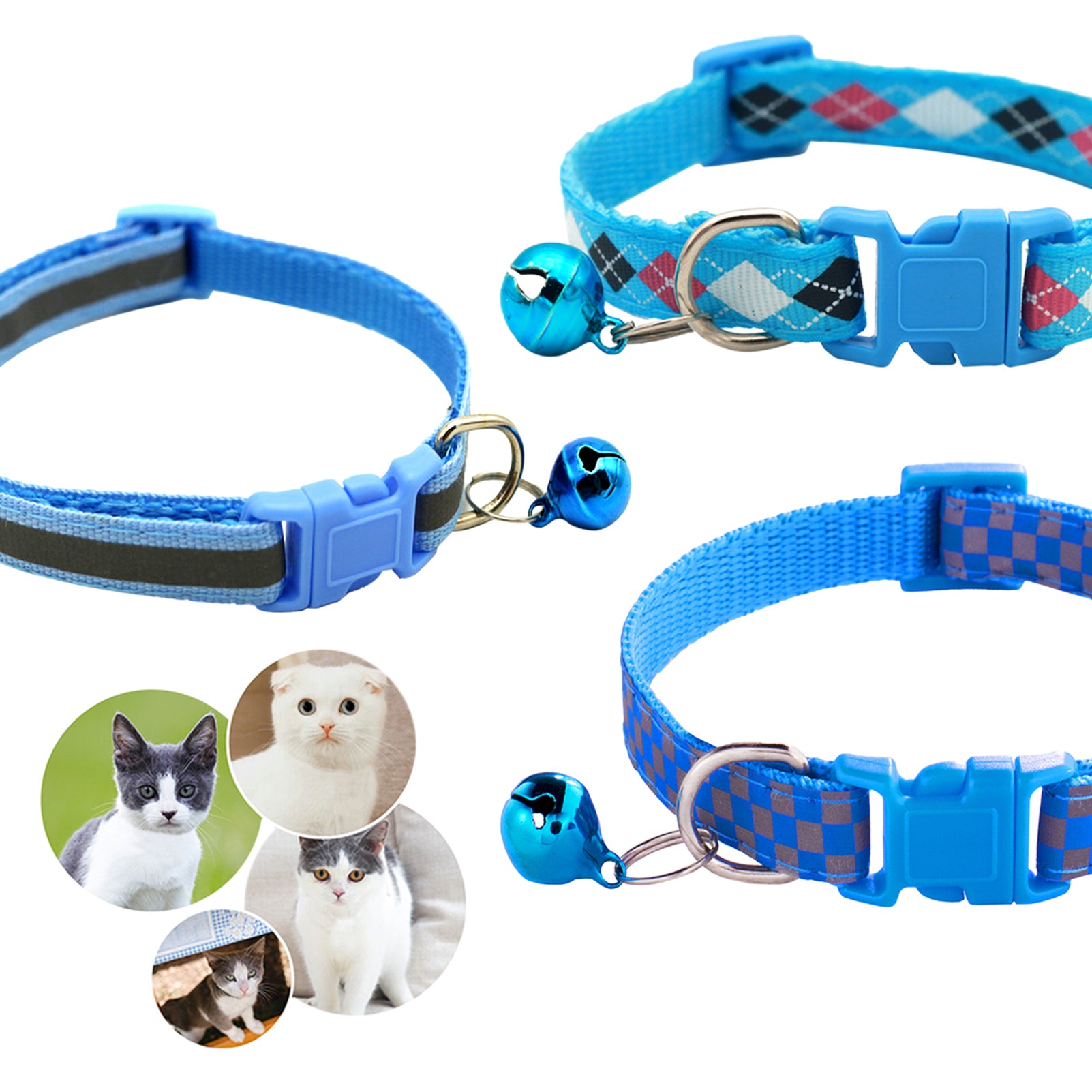 CHBORLESS 3 Pcs Nylon Reflective Cat Collar with Bell Adjustable Kitten Puppy Collars，Sky Blue