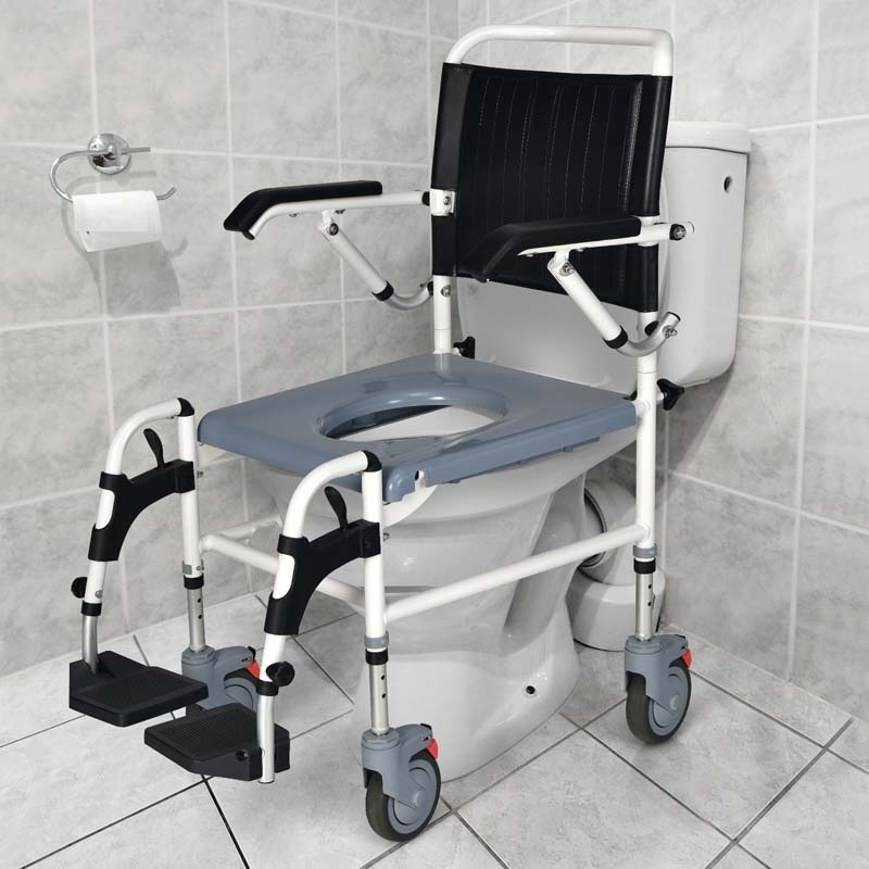 4-in-1 Bedside Commode Chair Shower Wheelchair with Detachable Bucket, Padded Mobile Toilet Chair