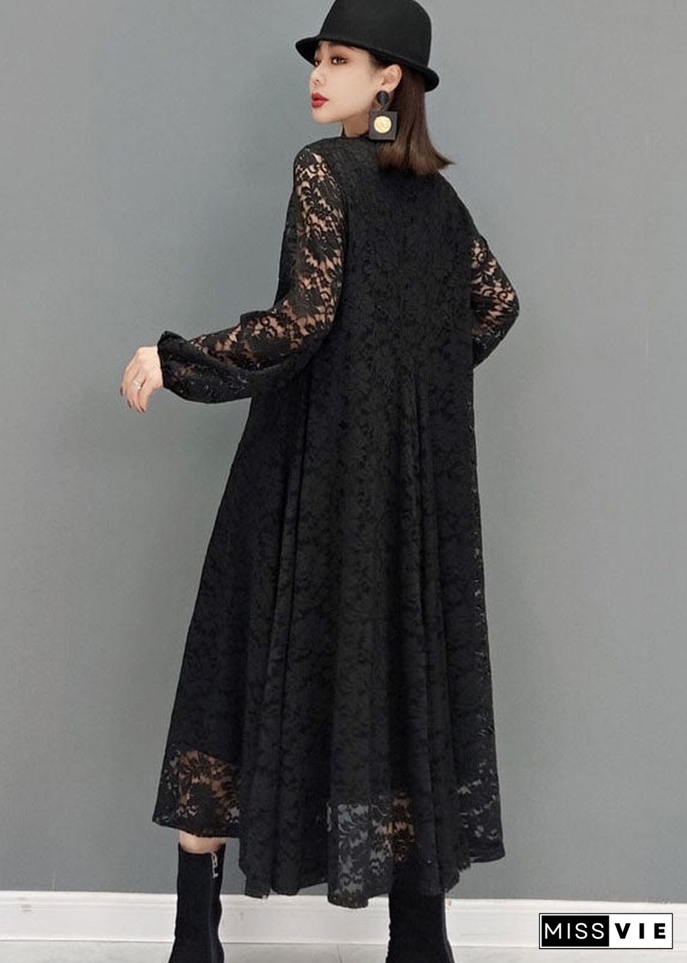 Plus Size Black V Neck Hollow Out Lace Dresses Spring