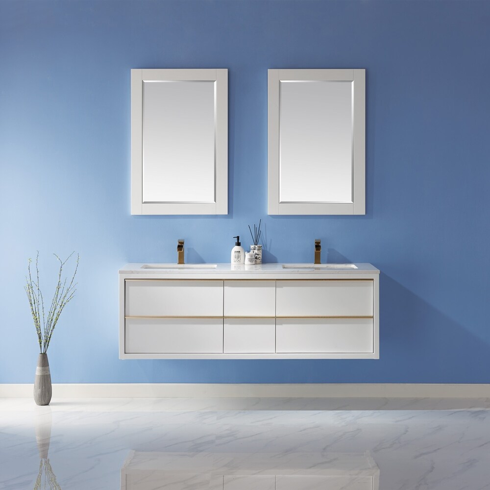 Altair Morgan Double Bathroom Vanity Set in White and Aosta White Countertop with Mirror