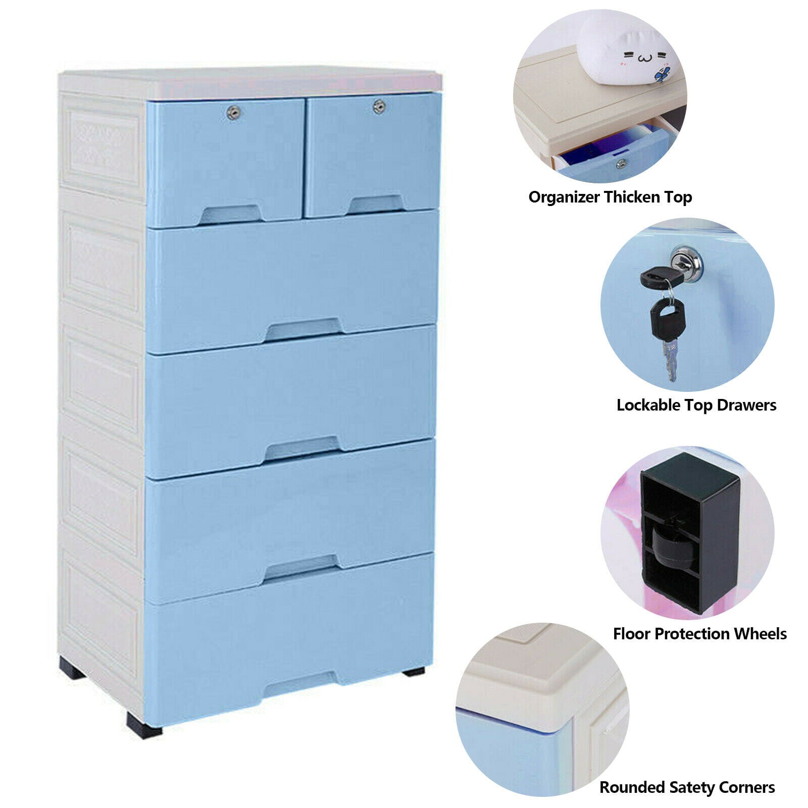 6 Drawer Plastic Cupboard Floorstand Storage Box With Wheels Storage Dresser Blue Plastic Closet Wardrobe Clothes Organizer Cabinet Dresser Chest Clothes Storage Bedroom Closet Cabinet Free Standing