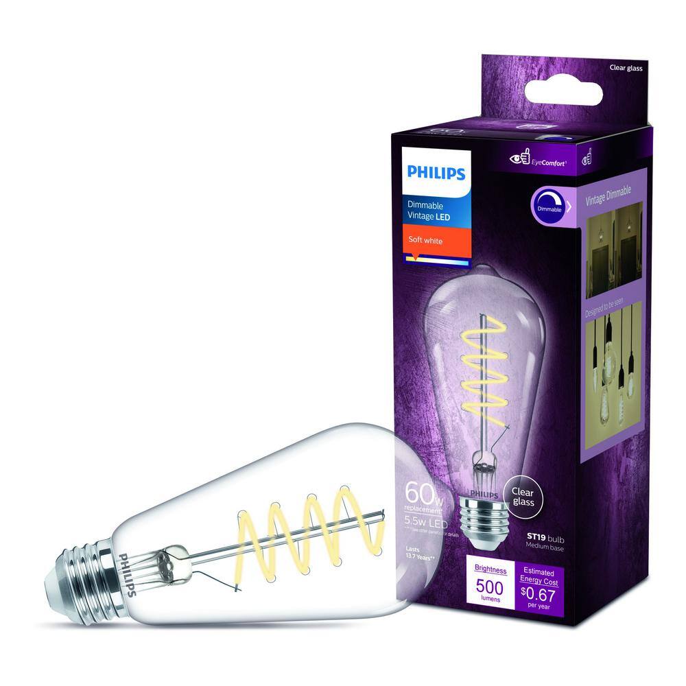 Philips 60-Watt Equivalent ST19 Spiral Filament E26 Base LED Vintage Edison LED Light Bulb 2700K Soft White (1-Pack) 565838