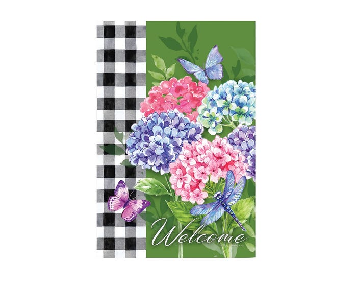 Evergreen Hydrangea Checks Garden Suede Flag - 14S9692