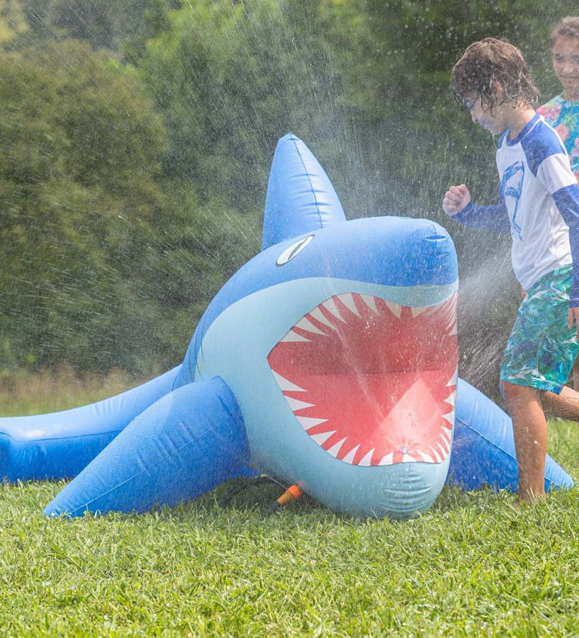 HearthSong 8-Foot Giant Inflatable Mister Shark Sprinkler for Kids' Outdoor Active Water Play