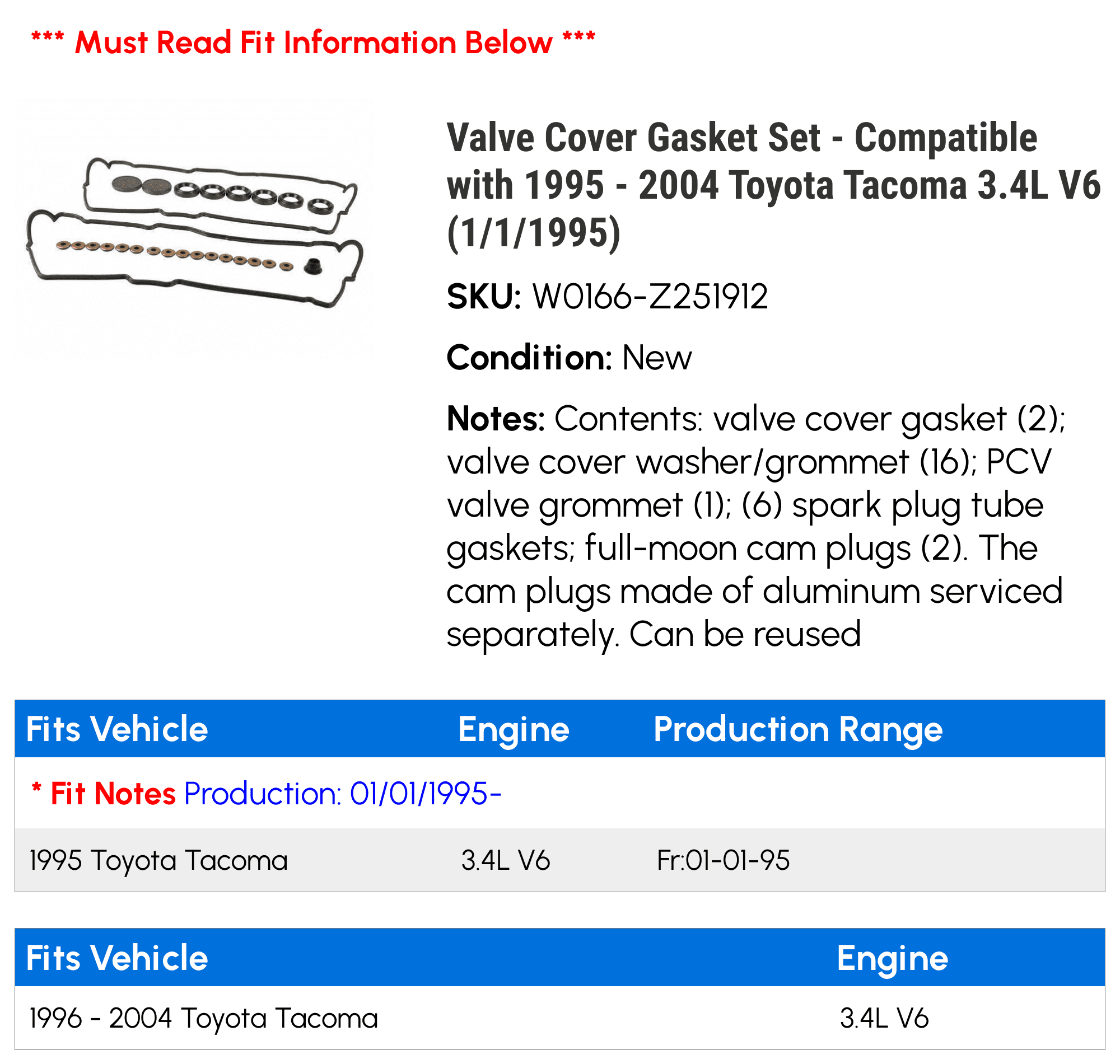 Valve Cover Gasket Set - Compatible with 1995 - 2004 Toyota Tacoma 3.4L V6 (1/1/1995) 1996 1997 1998 1999 2000 2001 2002 2003