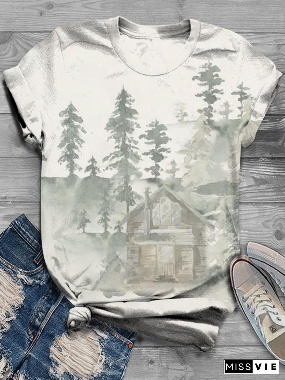 Rustic Cabin Forest Crew Neck T-Shirt