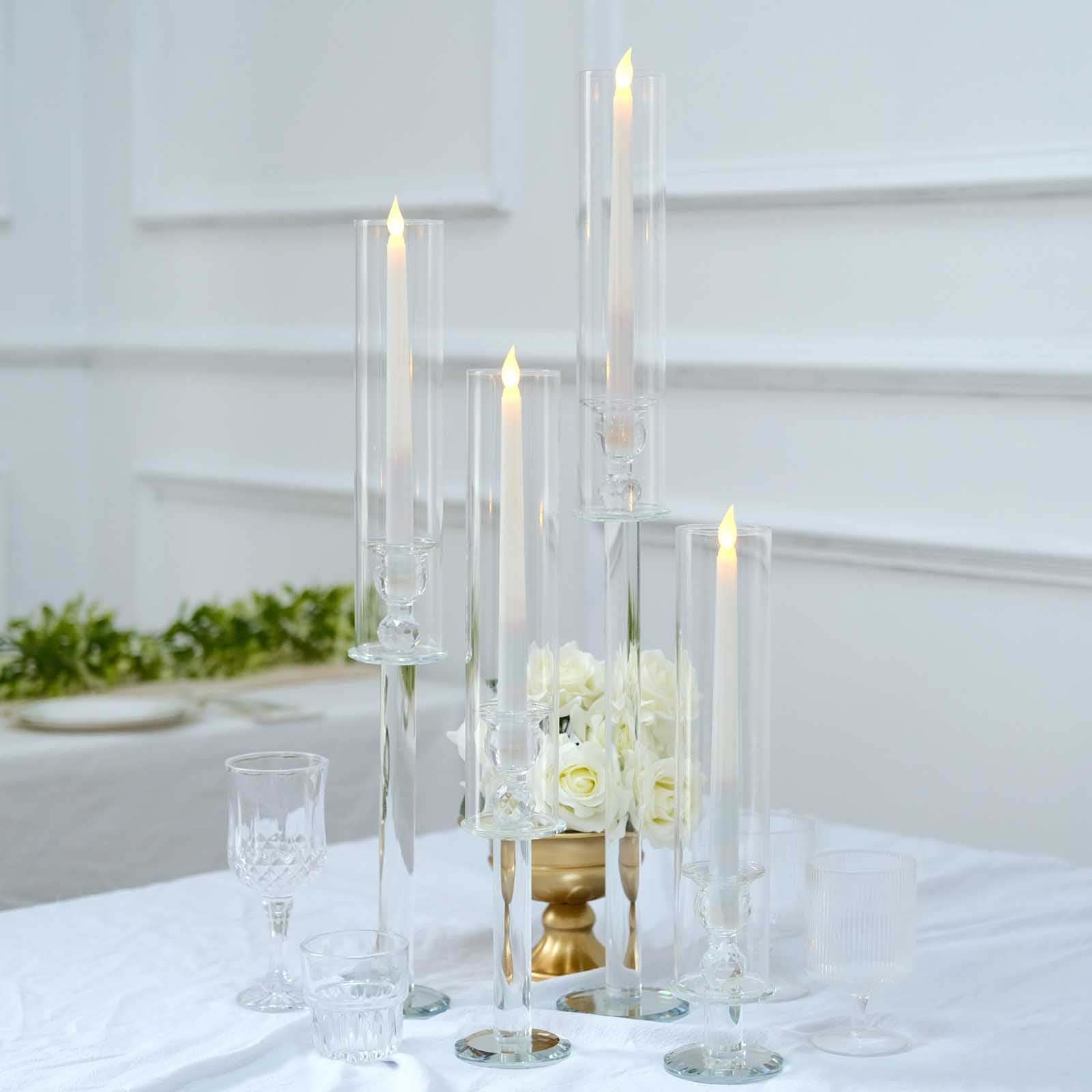 Set of 4 Clear Crystal Glass Hurricane Taper Candle Holders With Tall Cylinder Chimney Tubes 14