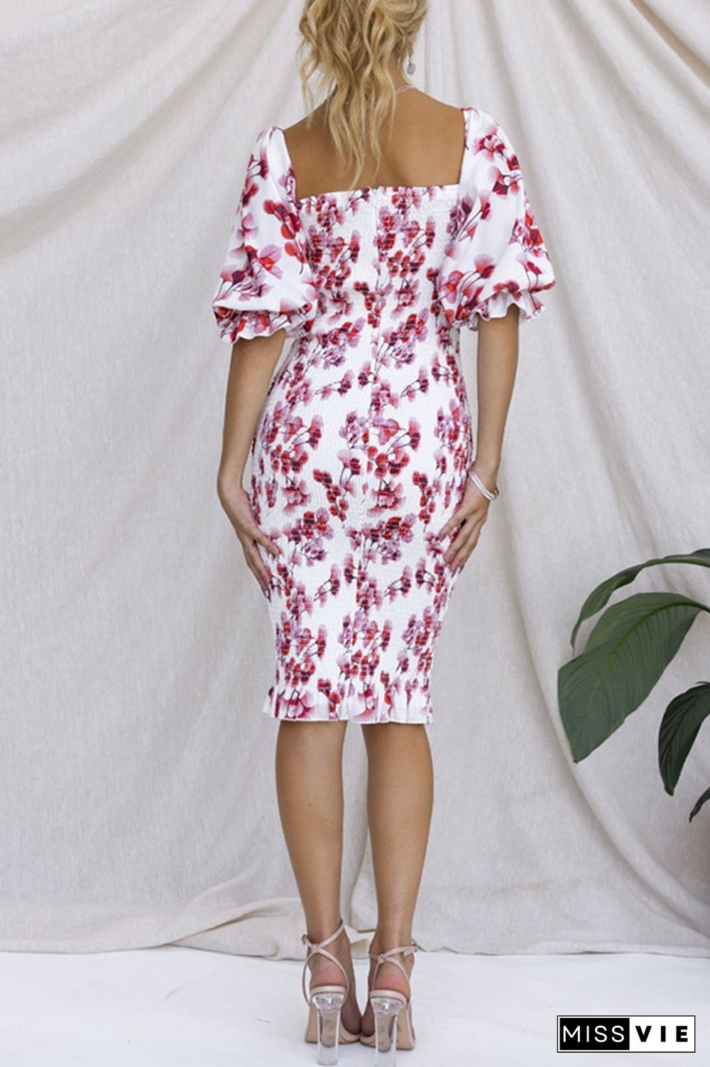 Square Neck Puff Sleeves Floral Slim Dress