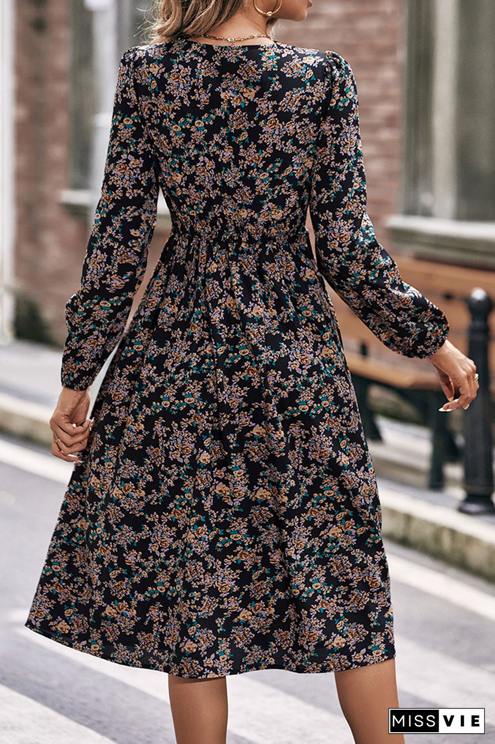 V Neck Lace Elastic Waist Floral Dress