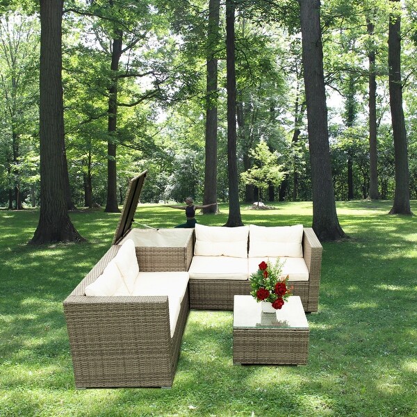 4 Piece Patio Sectional Wicker Rattan Outdoor Furniture Sofa Set with Storage Box