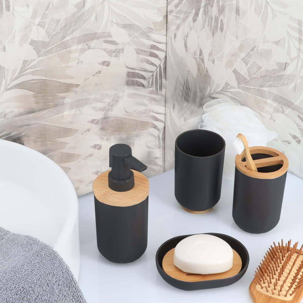 Padang 6-Pieces Bath Accessory Set with Soap Pump Tumbler Soap Dish and Toilet Brush Holder in Black and Bamboo SET6PADANG6174237