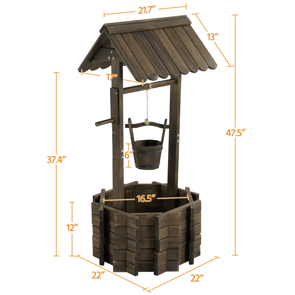 Yaheetech Wooden Outdoor Wishing Well Planter Floor Standing Planter with Hanging Bucket, Brown