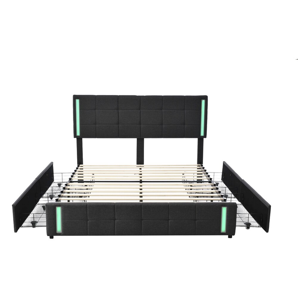 Queen Size Upholstered Platform LED Bed Frame