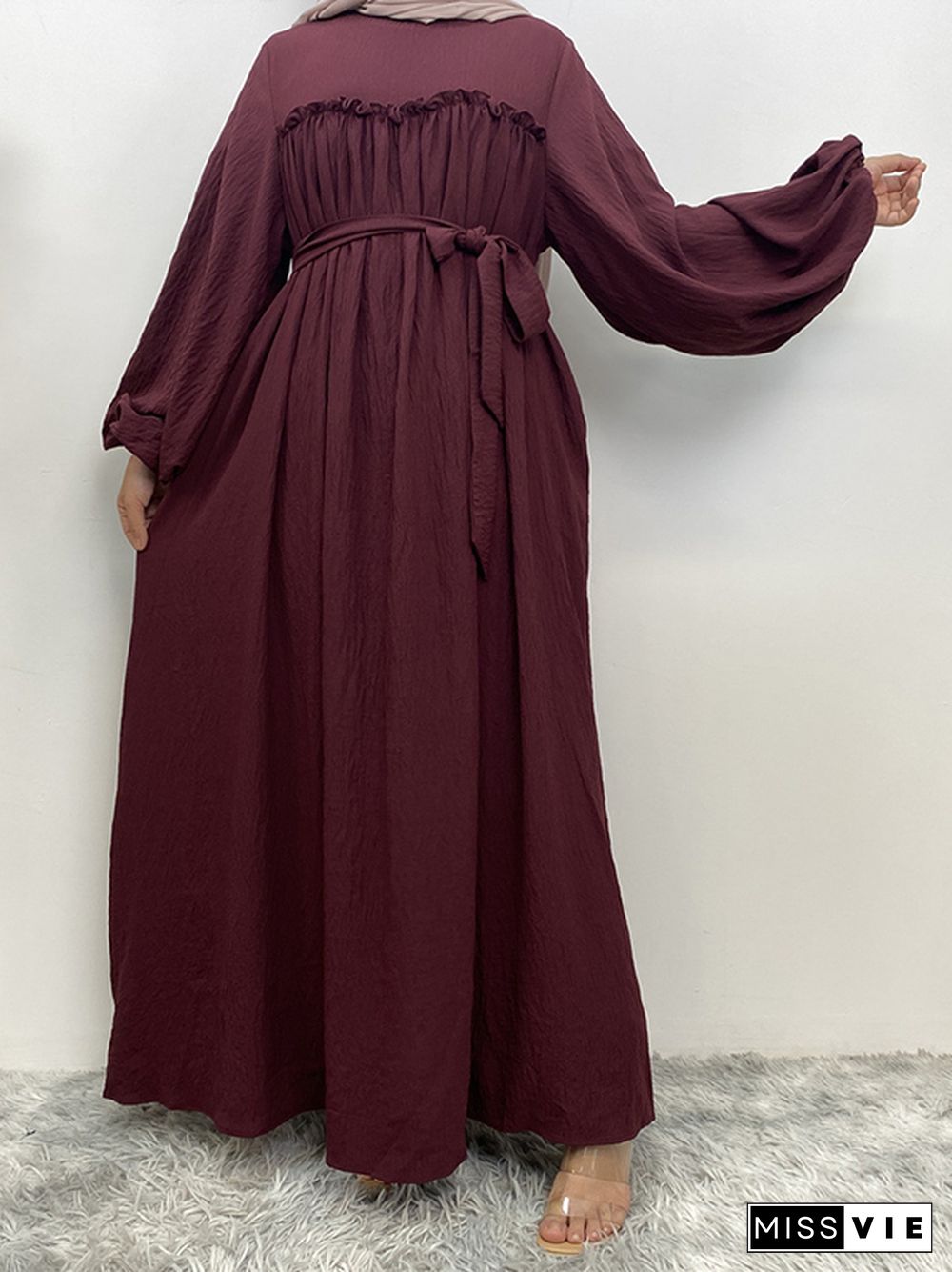 Bishop Sleeve Long Sleeves Elasticity Muslim Pleated Solid Color Split-Joint Tied Waist Round-Neck Maxi Dresses