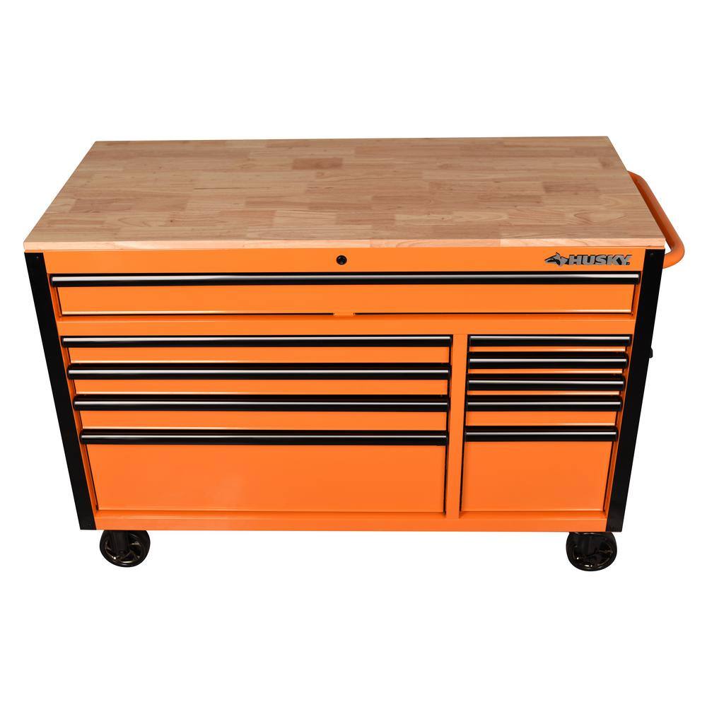 Husky 52 in. W x 24.5 in. D Standard Duty 10-Drawer Mobile Workbench Tool Chest with Solid Wood Work Top in Gloss Orange H52MWC10ORG