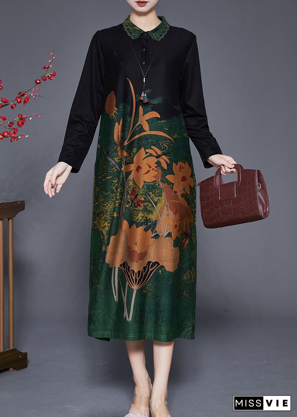 Elegant Green Print Peter Pan Collar Silk Long Dresses Fall