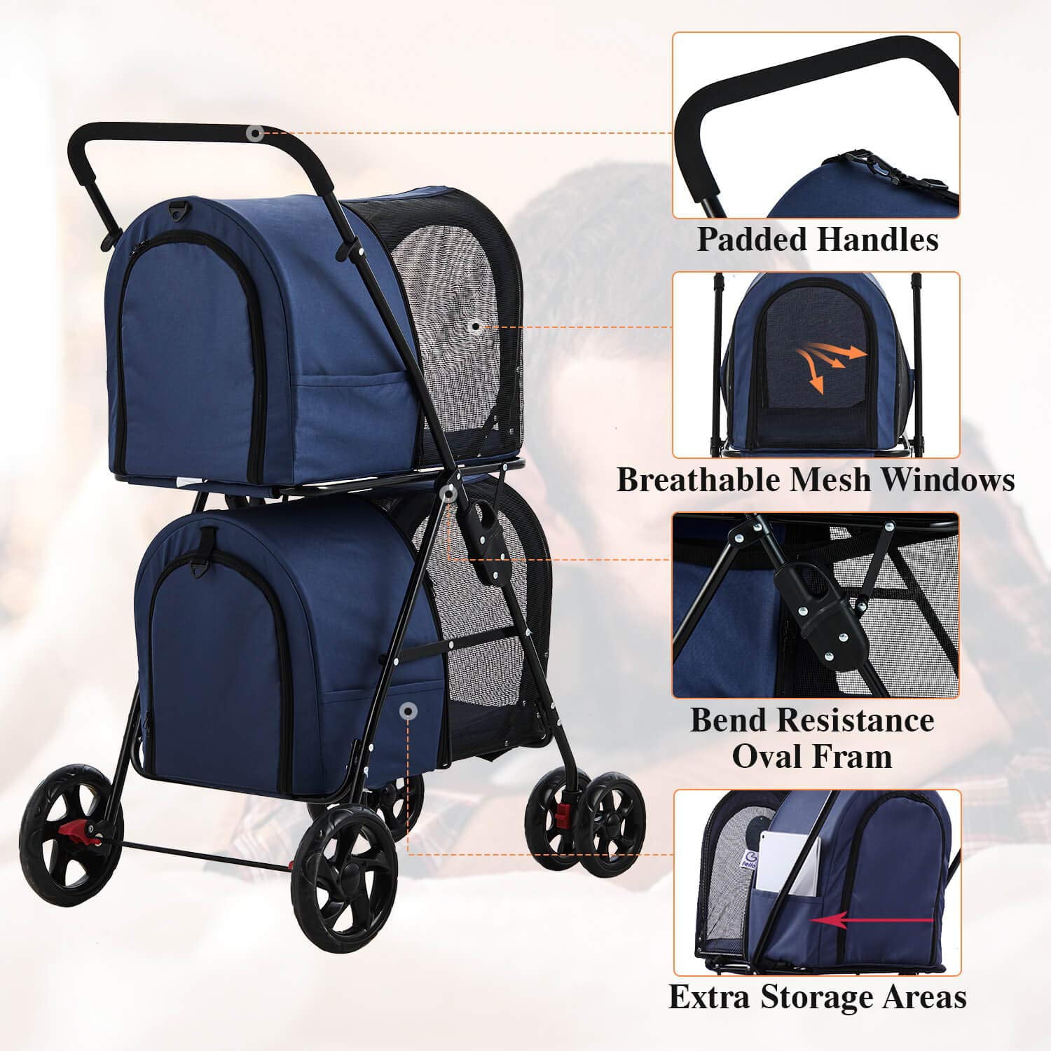 Double Pet Stroller 4-in-1 Folding Dog Strollers Travel Cart with 2 Detachable Carriersand4 Lockable Wheels for Small Medium Dogs Cats，Navy Blue