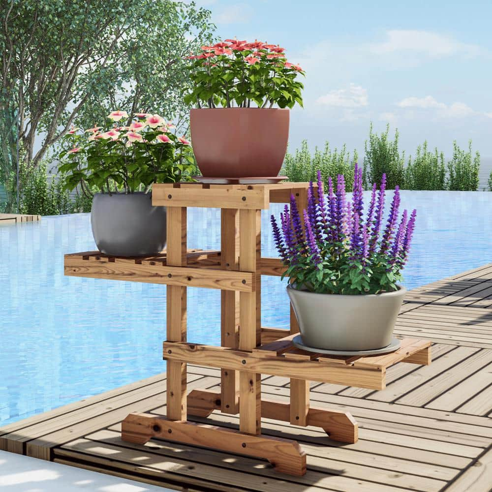 Patio Festival 19.69 in. x 27.95 in. x 9.45 in. IndoorOutdoor Natural Wood Plant Stand 3 Potted Plant Shelf Display Holder 3-Tier FD10018436