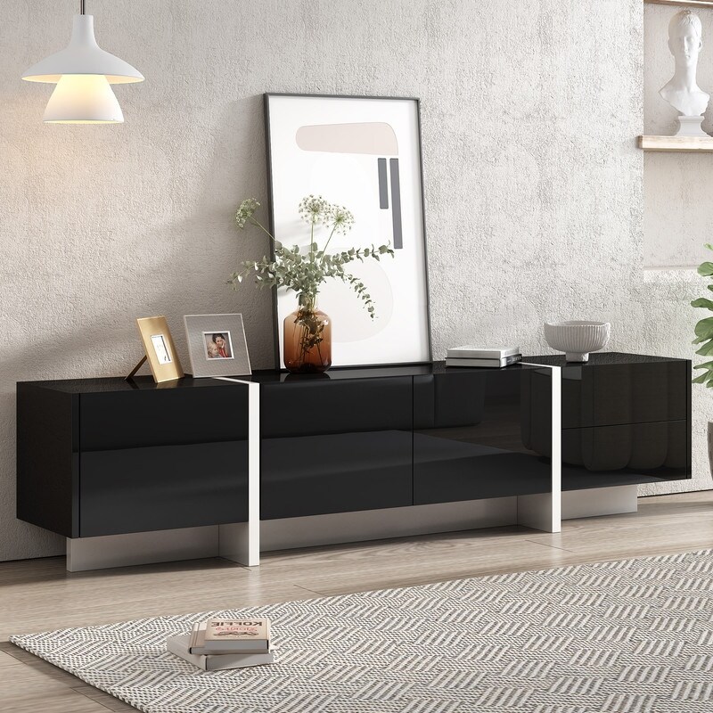 TV Stand with 2 Drawers  TV Console Table for TVs Up to 80”  Modern TV Cabinet with High Gloss UV Surface for Living Room