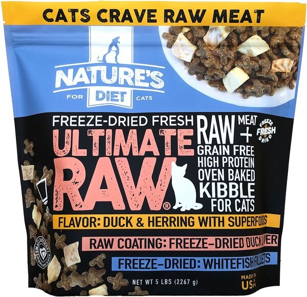 Nature's Diet Ultimate Raw Duck Liver Coated Kibble with Whitefish Filet Inclusions Freeze-Dried Cat Food， 5-lb bag