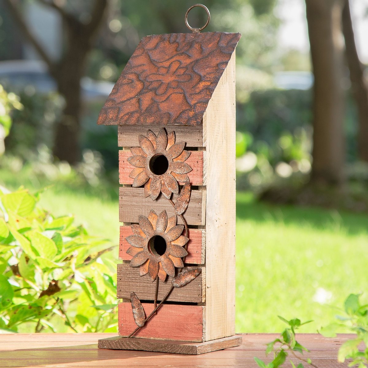 Glitzhome Two-Tiered Distressed Solid Wood Birdhouse with 3D Rustic Flowers