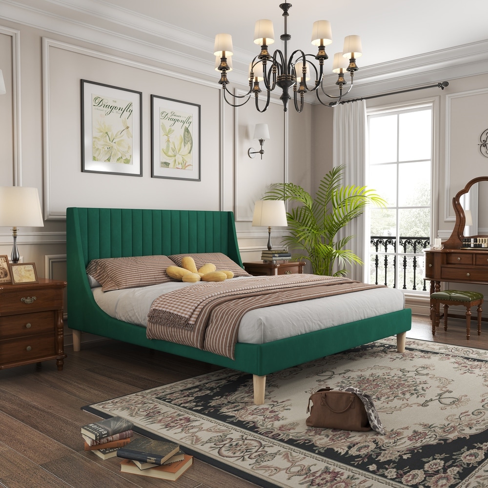 Clutter Free King Platform Bed Frame Wingback Upholstered Bed   Green