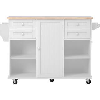 kitchen Island Cart with Spice Rac Towel Rack Drawer Rubber Wood Desktop 5 Wheels Including 4 Lockable Wheels In White KITCHENBLACK09