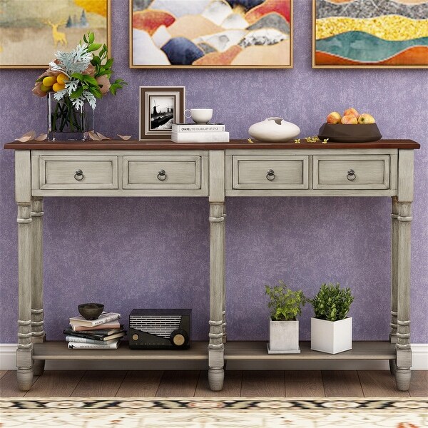 Control table with 2 drawers and bottom shelf， farmhouse couch table with solid wood tapered legs