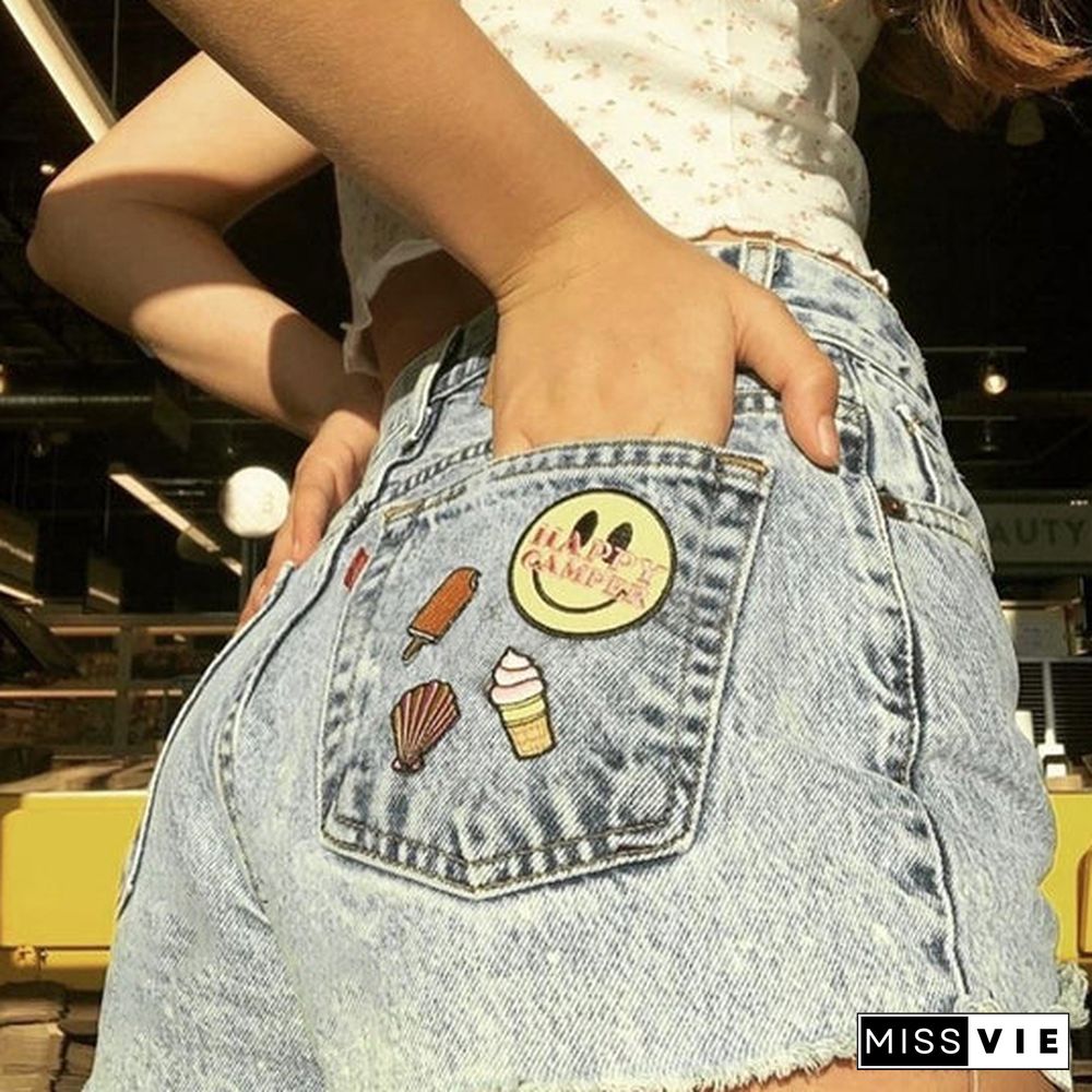 Smiley Print Loose Washed Frayed Denim Shorts