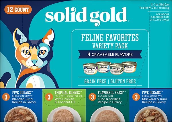 Solid Gold Feline Favorites Variety Pack Grain-Free Wet Cat Food， 3-oz can， case of 12