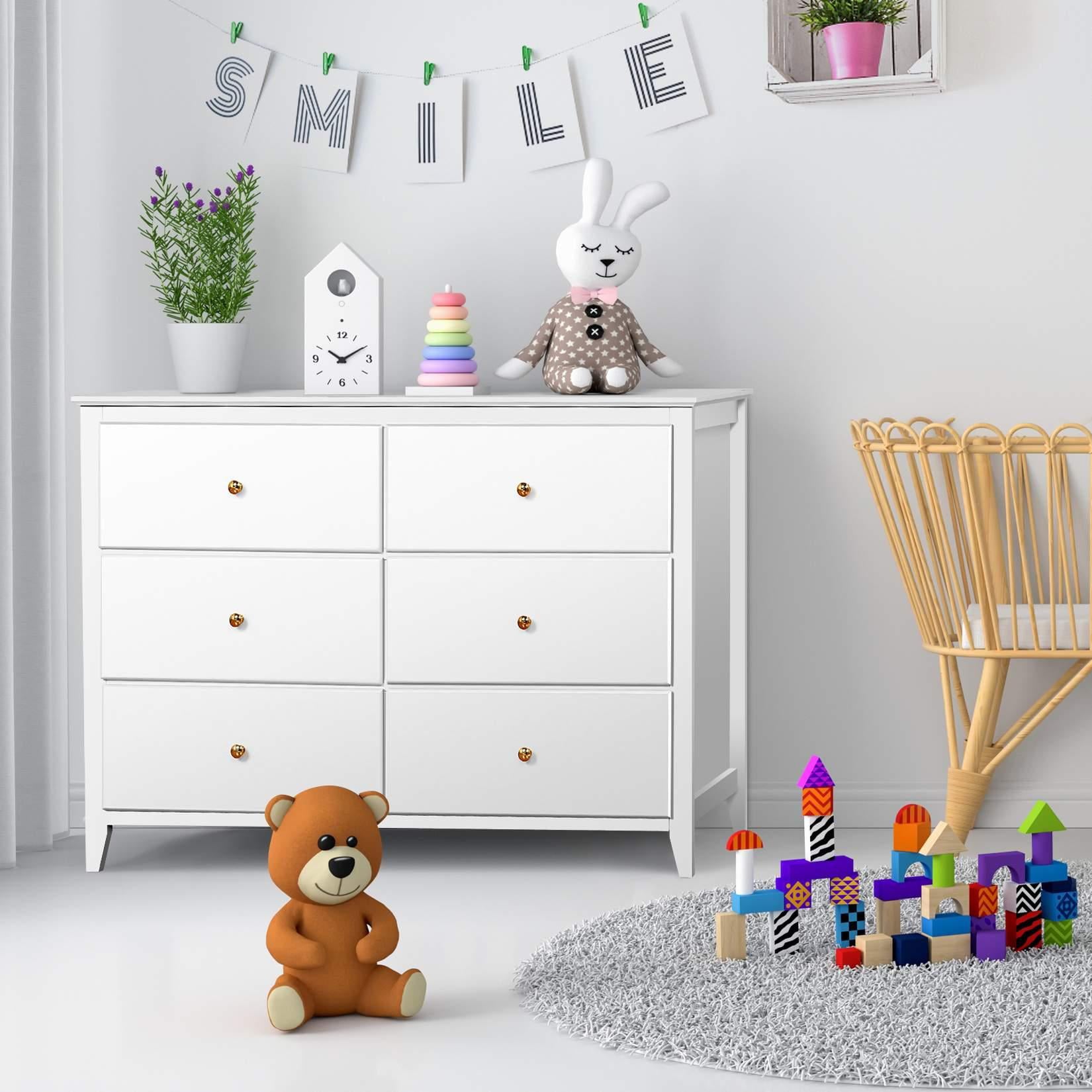 SEJOV 6 Drawers Dresser White Closets Chest Tall Nightstand Double Dresser with Gold Metal Handles Storage Containers Modern Wood Dresser for Bedroom Kids Room Living Room Nursery Hallway Office