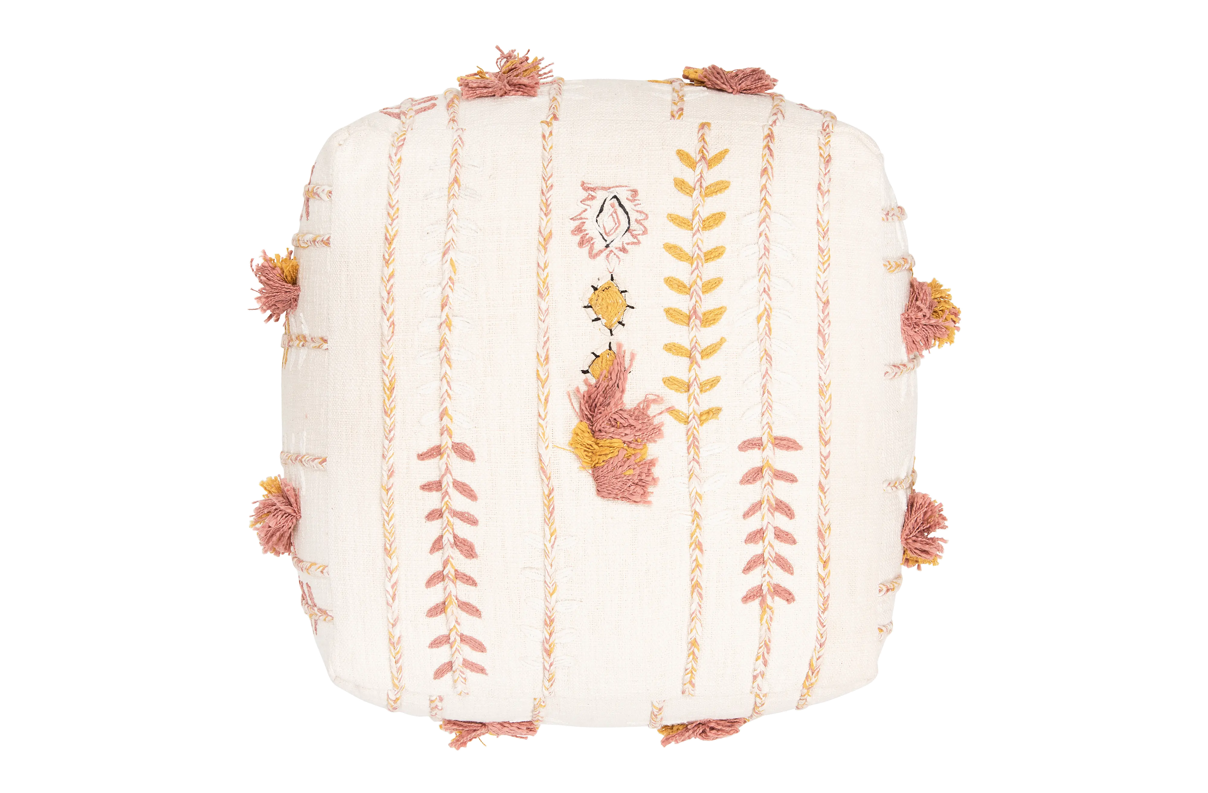 Cream Embroidered Pouf with Applique and Fringe