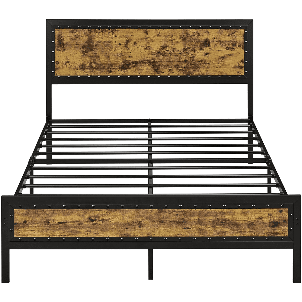 SMILE MART Industrial Metal Platform Bed with Wooden Headboard and Footboard, Rustic Brown, Queen