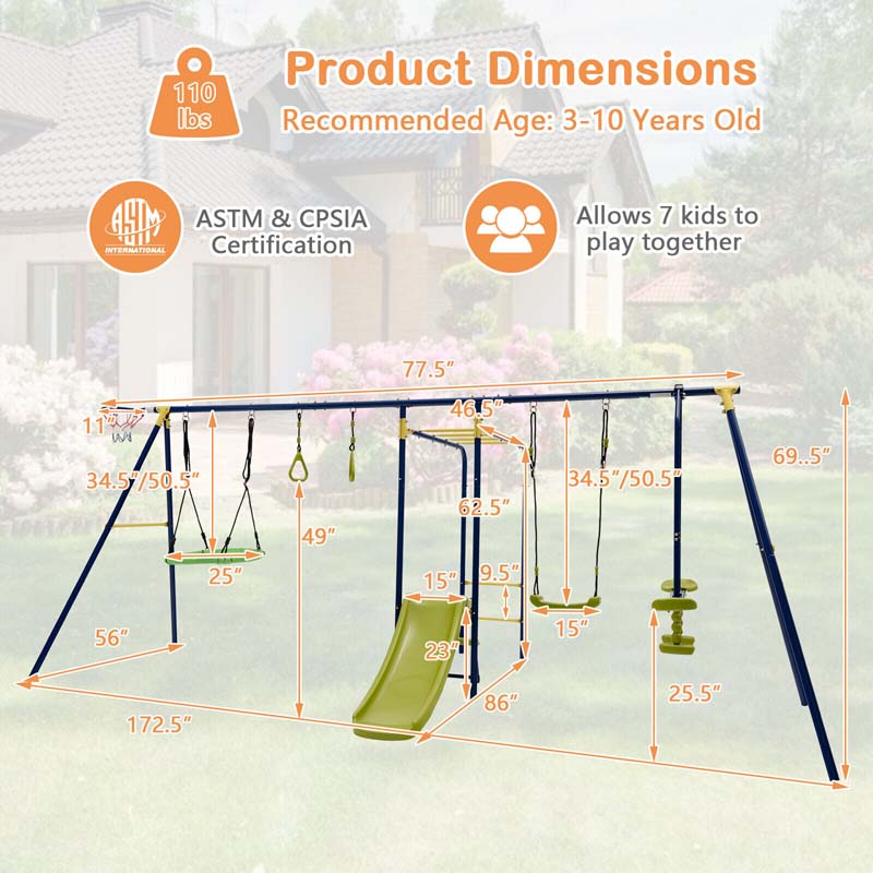 7-in-1 Extra Large Outdoor Swing Set for Backyard, 660 lbs Heavy Duty Swing Set with A-Frame Metal Swing Stand