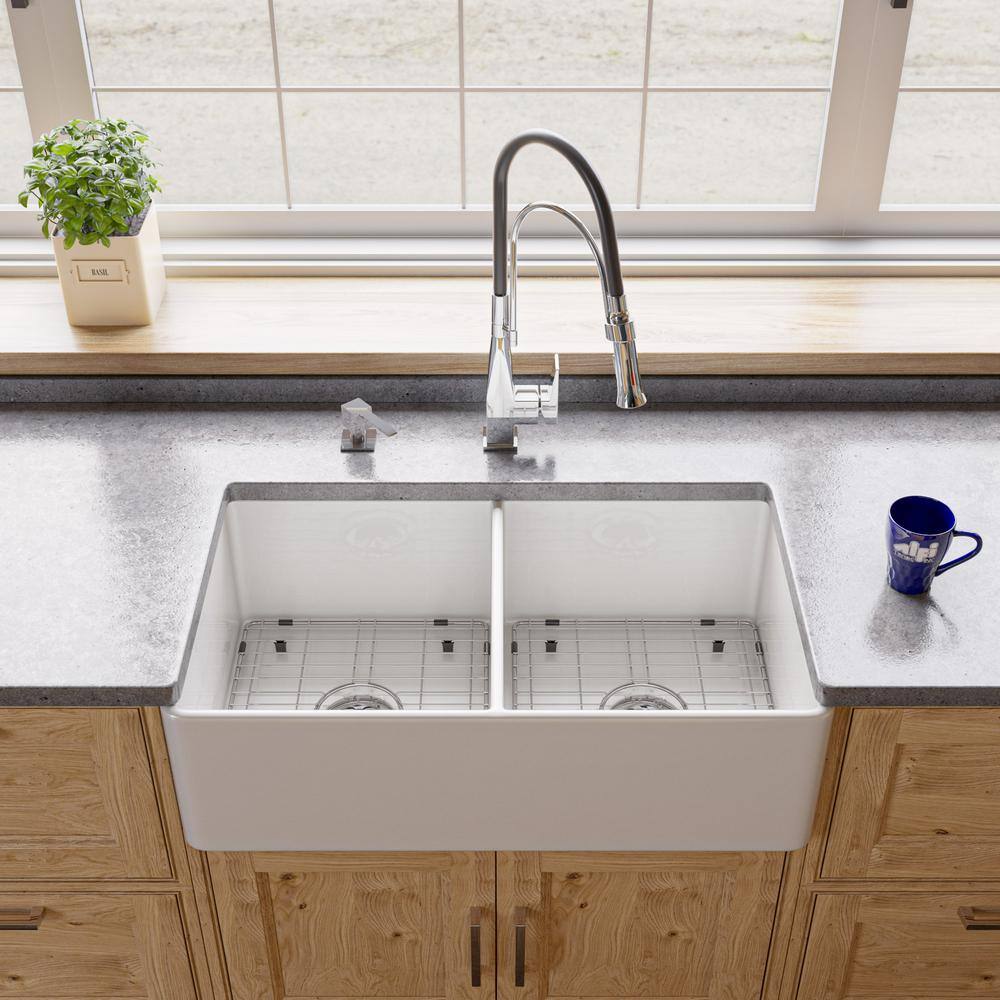 ALFI BRAND White Fireclay 33 in. Double Bowl Farmhouse Apron Kitchen Sink ABF3318D-W