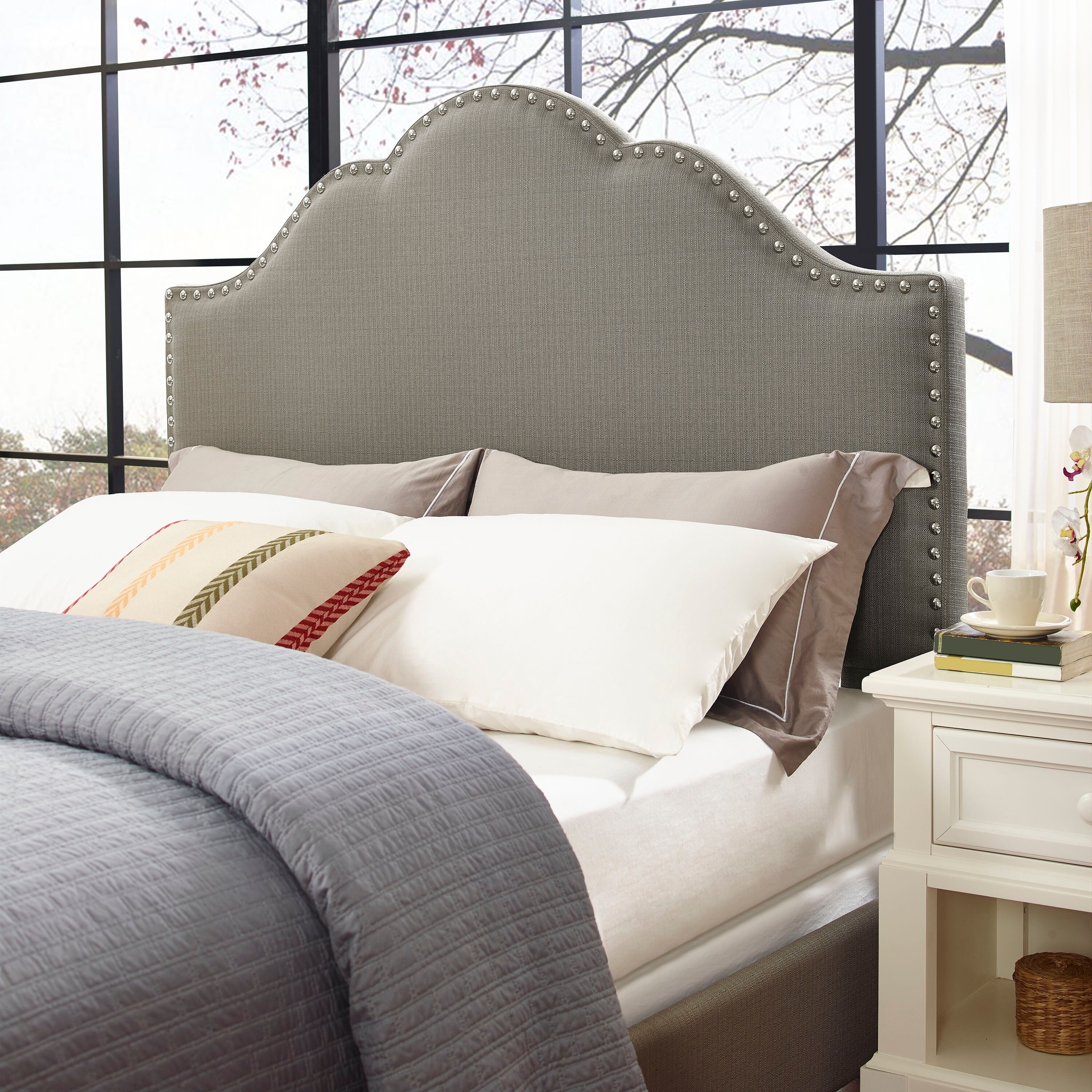 Preston Camelback Upholstered Full/Queen Headboard in Shadow Gray Linen - - 27104087